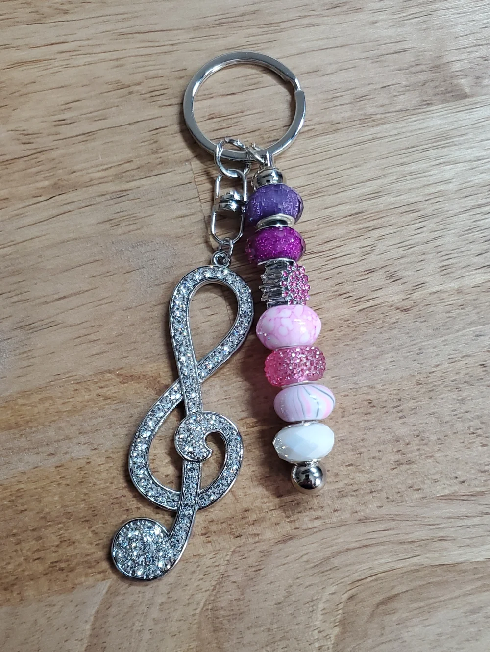Rhinestone Keychain Pink & Purple Bead Charm With Music Symbol